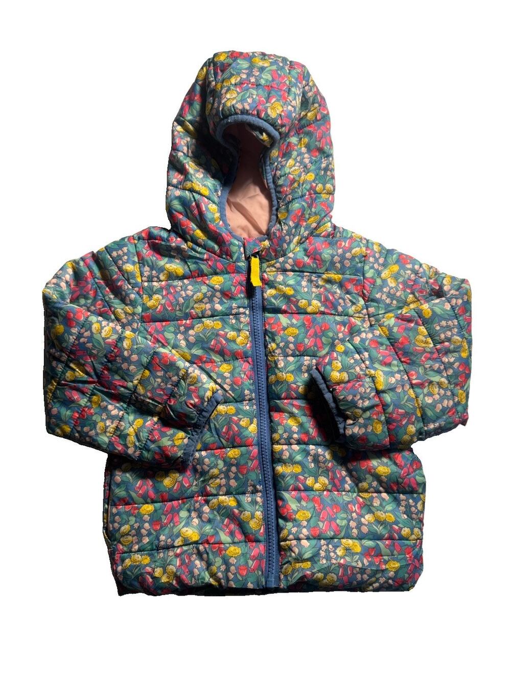 Baby Boden Girls 2-3Y Floral Hooded Puffer Jacket Blue Pink Yellow